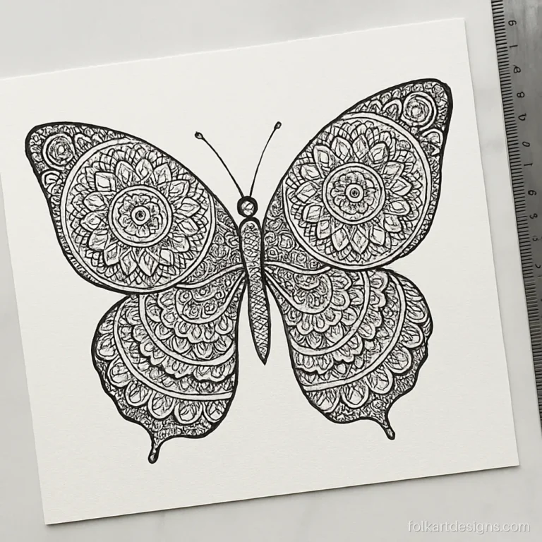 Butterfly mandala art with each wing filled with rings of petals and dots