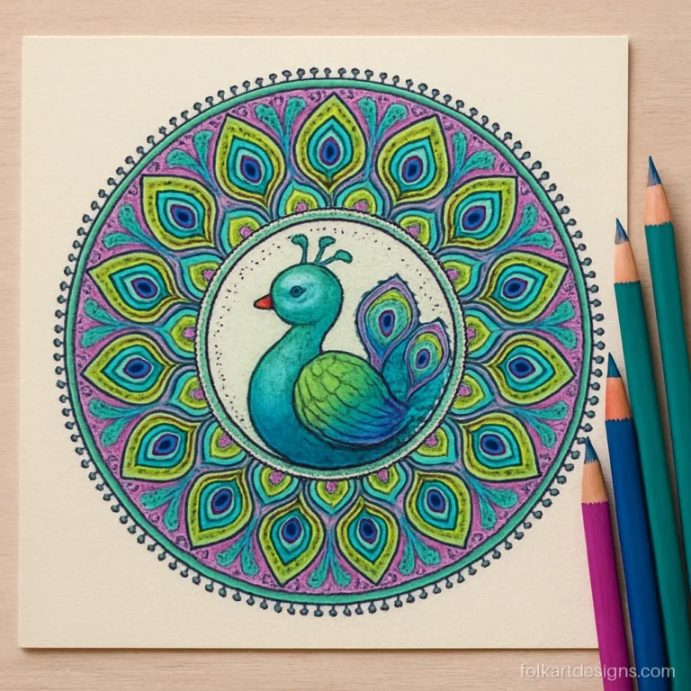 Cute mandala art peacock inside a round frame coloured in teal and violet