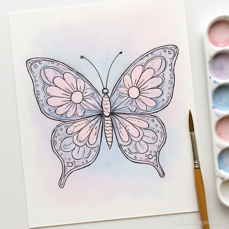 Easy butterfly mandala art in soft pink and blue watercolour