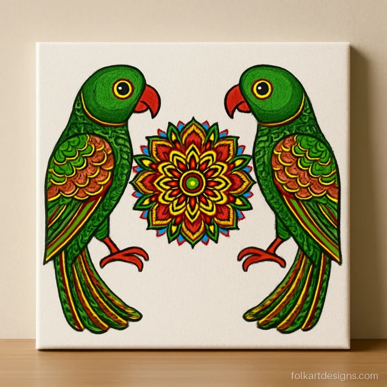 Bird mandala art of two parrots facing each other in green and red