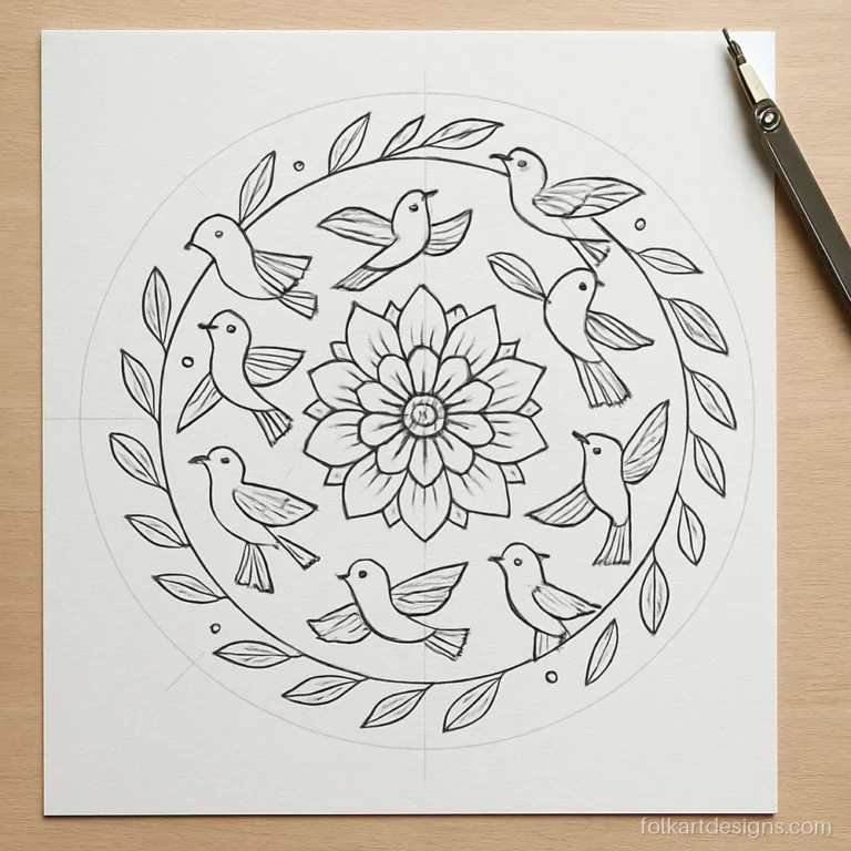 Round mandala with a ring of small flying birds around a flower centre