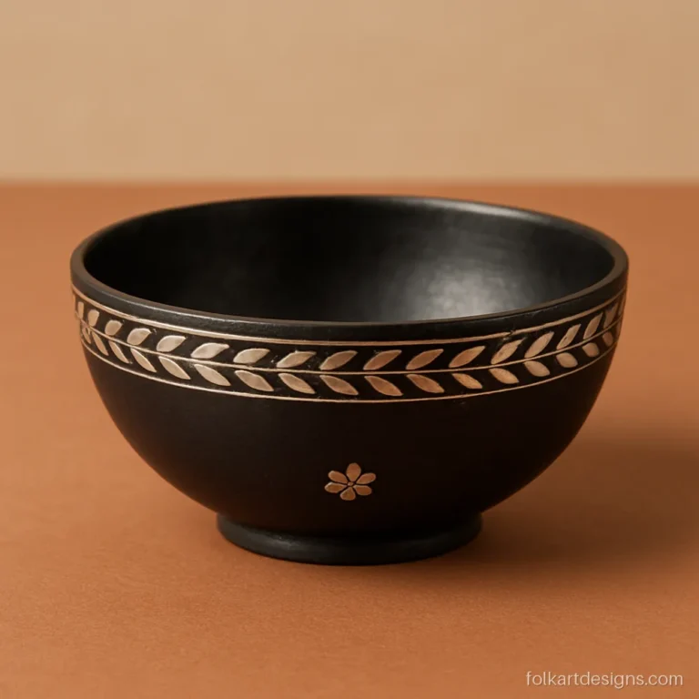 Small bidri bowl with a silver leaf border and a flower at the base