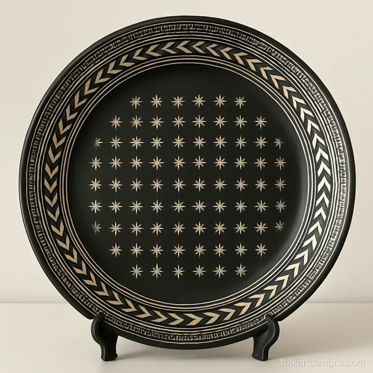 Bidri plate with geometric silver chevrons, squares and a star grid