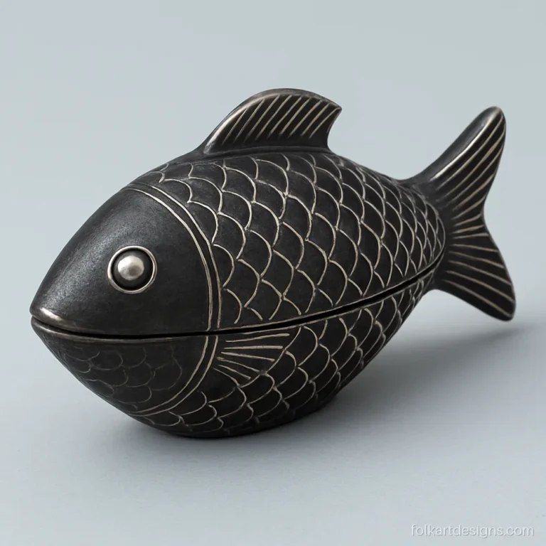 Fish shaped bidri trinket box with silver scales and a fin pattern