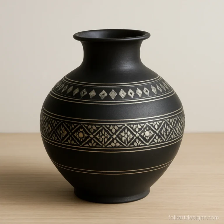 Round bellied bidri vase with bands of silver triangles and diamonds