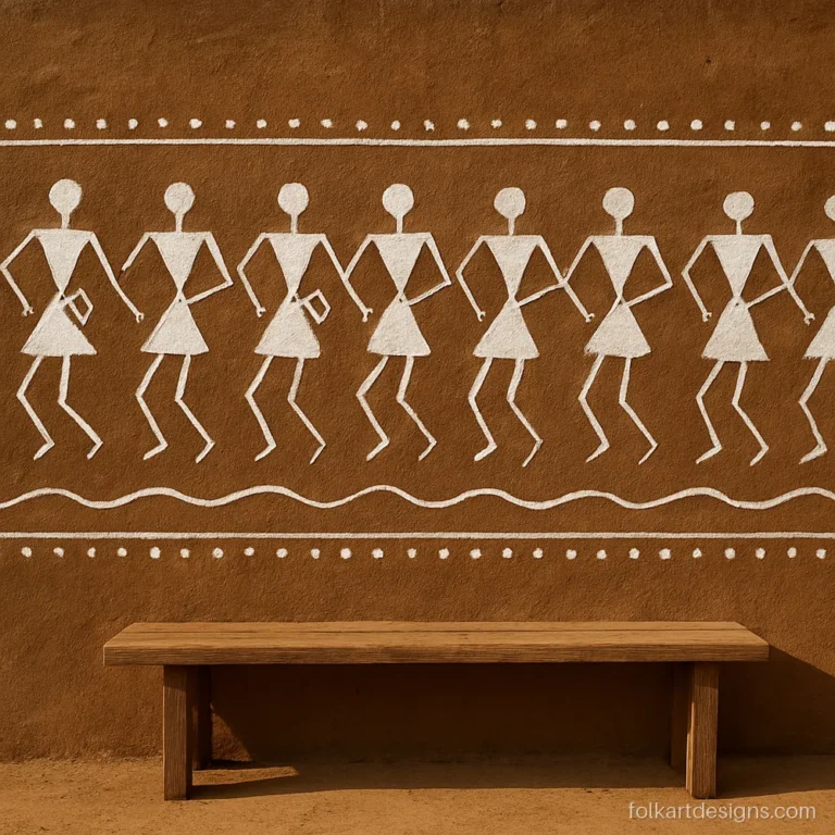 Bastar painting of a row of tribal dancers in white on a brown mud wall