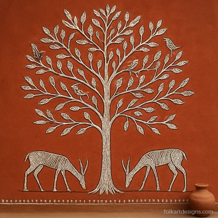 Bastar art wall painting of a tree with birds and deer on red ochre