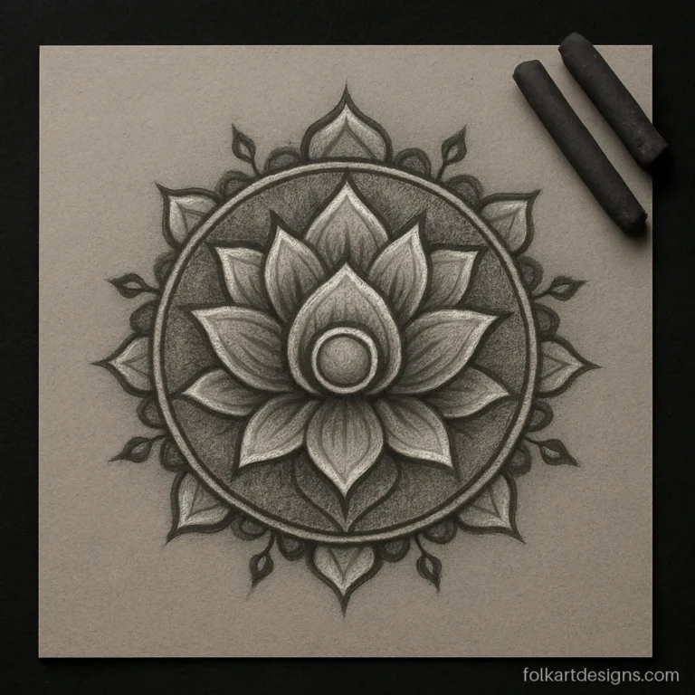 Charcoal sketch drawing mandala art of a lotus on grey toned paper