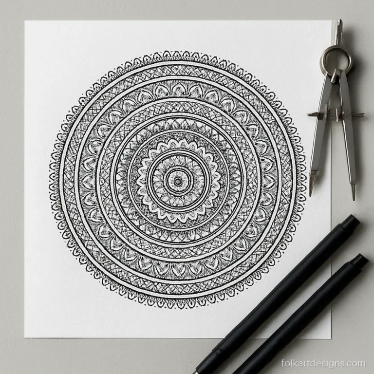 Black and white circle mandala art with sixteen fine line rings