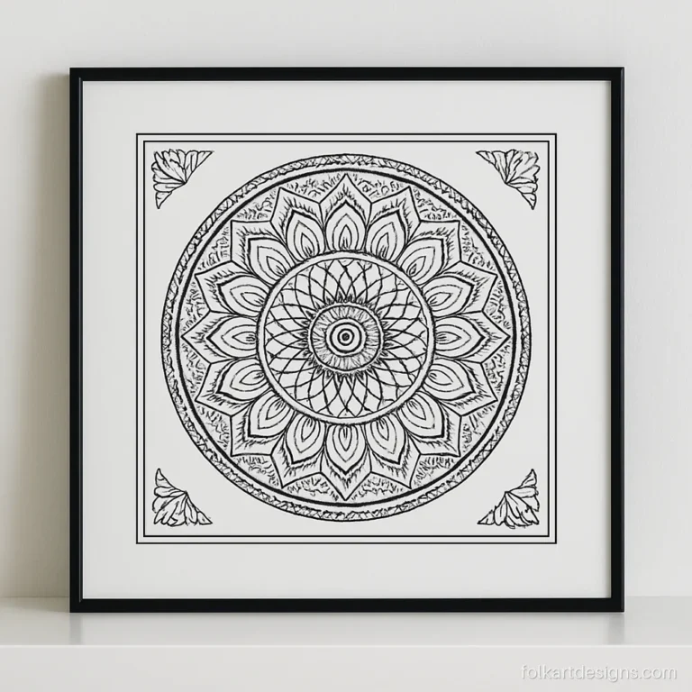 Fine line mandala in a square border with corner patterns on white card
