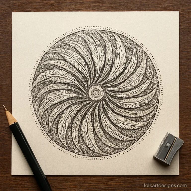 Unique sketch mandala art with feathers spiralling out from the centre