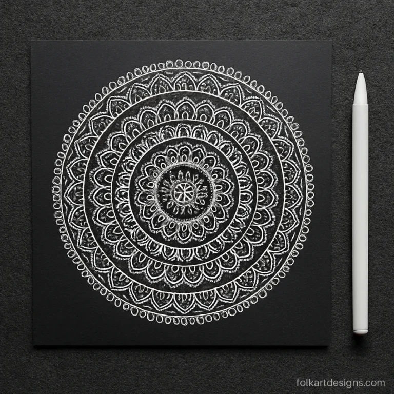White gel pen mandala on black paper with a lace-like pattern