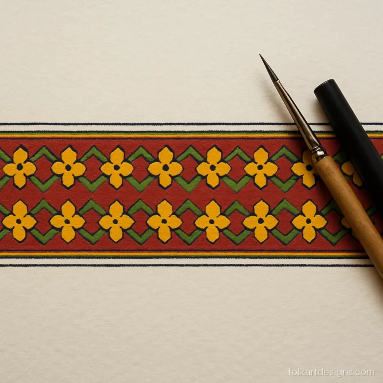 Cheriyal border strip of small yellow flowers and green zigzags on red