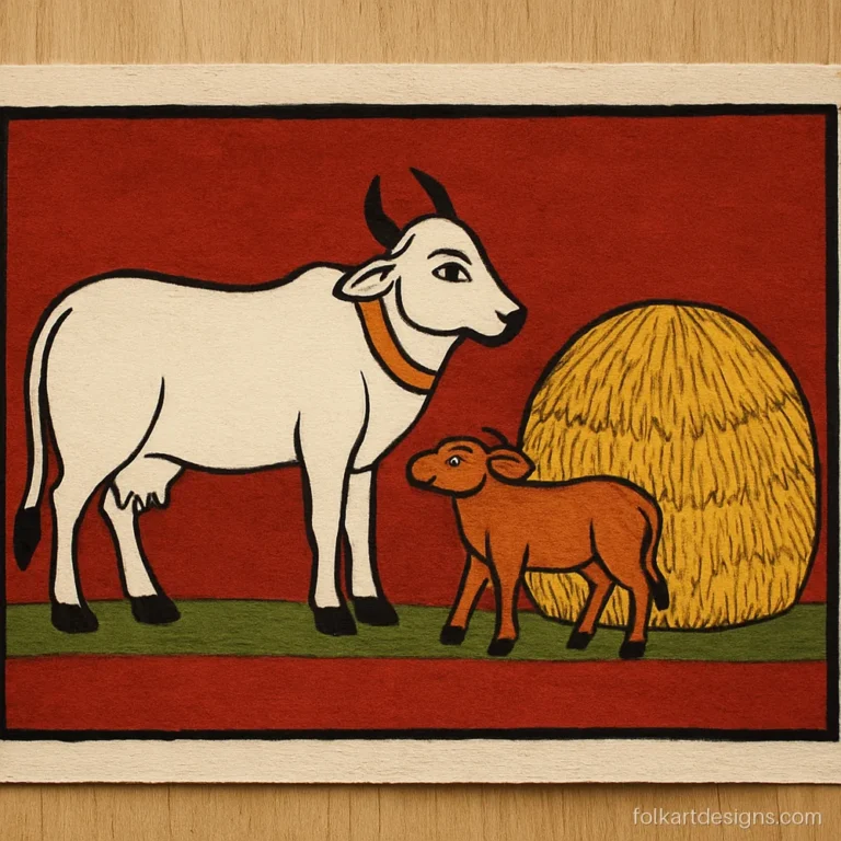 Cheriyal cow and calf beside a haystack with a green grass strip below