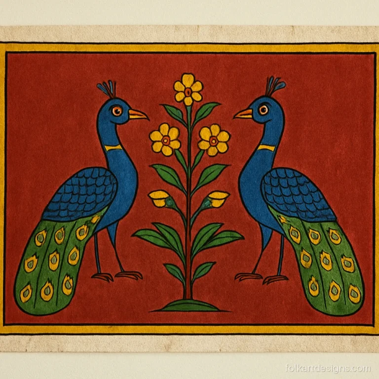 Two Cheriyal peacocks facing a flowering tree on a deep red background