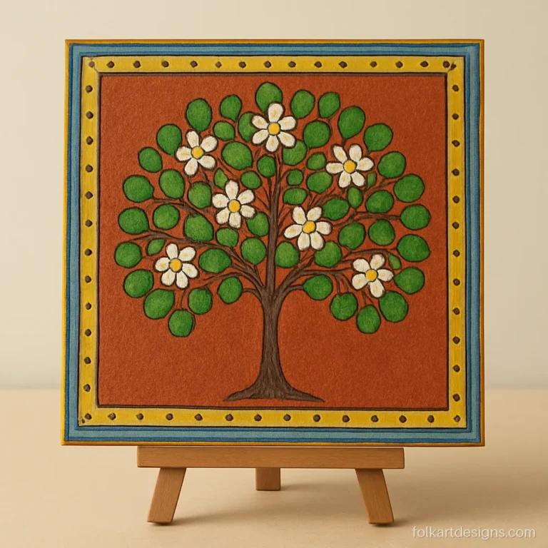 Square Cheriyal painting of a single tree inside a double blue and yellow border