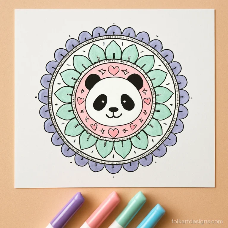Cute mandala art design with a round panda in the centre and pastel petal rings