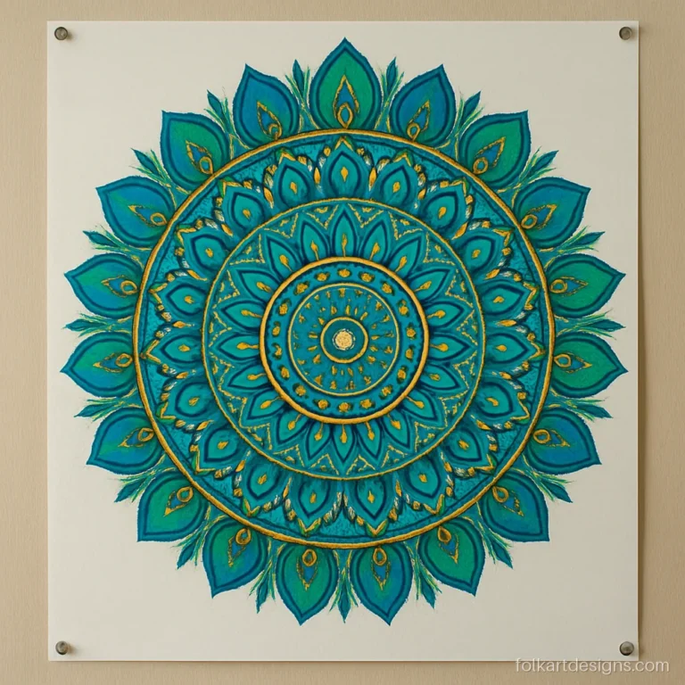 Easy mandala art with colour on chart paper in peacock blue and green