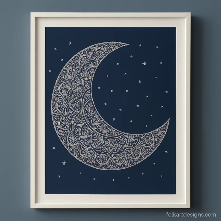 Aesthetic mandala art inside a half moon shape in silver on navy