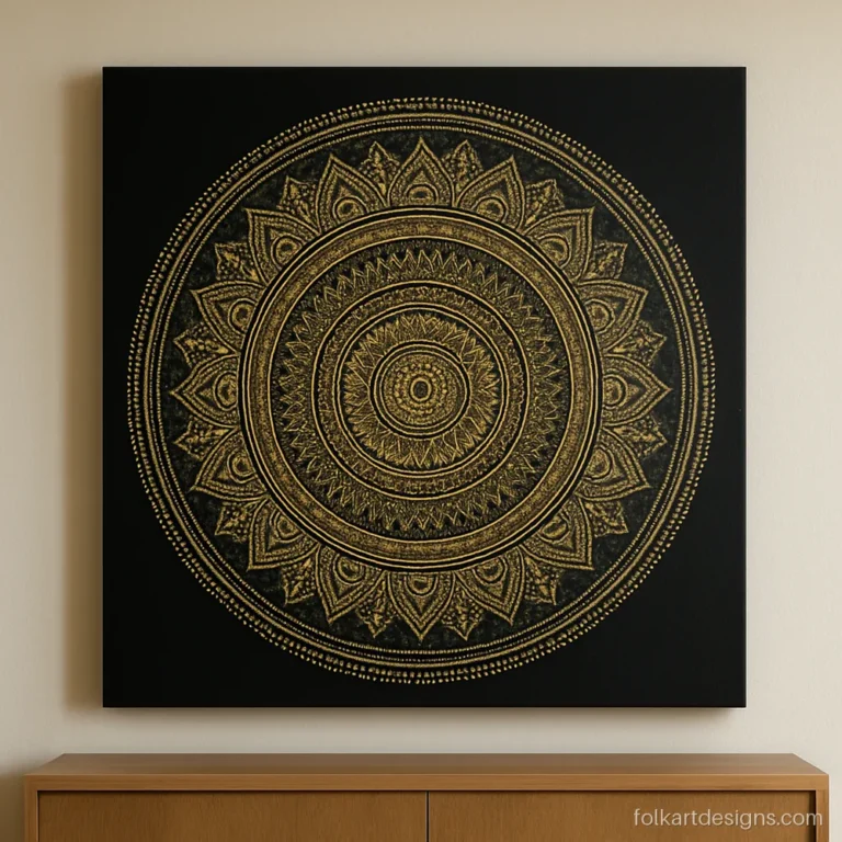Hard and beautiful mandala art in fine gold lines and dots on black canvas