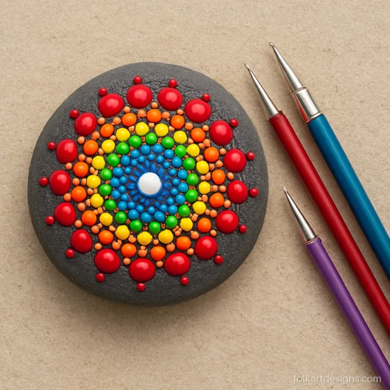 Beautiful colorful mandala art in rainbow dots painted on a smooth river stone