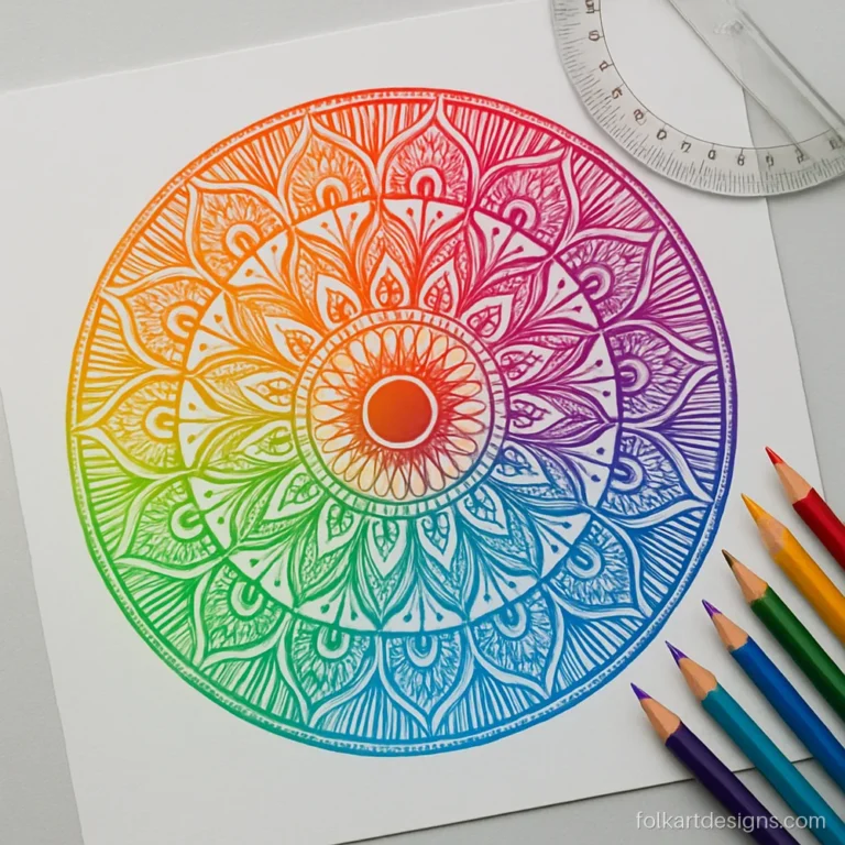 Rainbow mandala art with twelve wedge segments covering the full colour wheel
