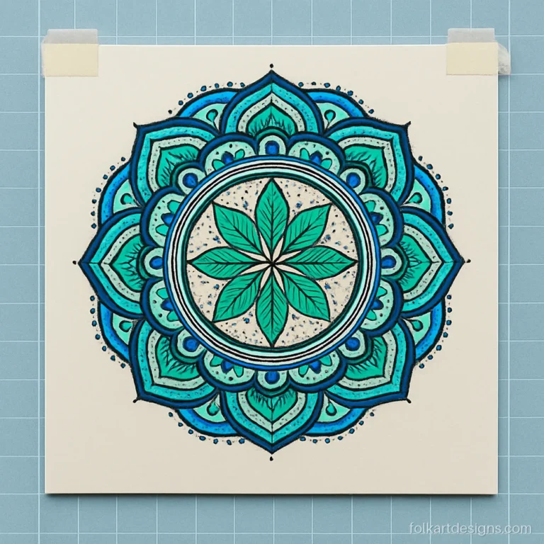 Mandala art with colour in cool greens and blues, drawn with sketch pens