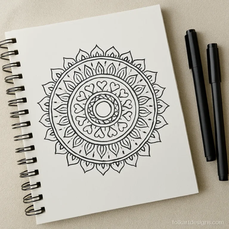 Creative beginners easy doodle mandala art with hearts, waves and leaf rings