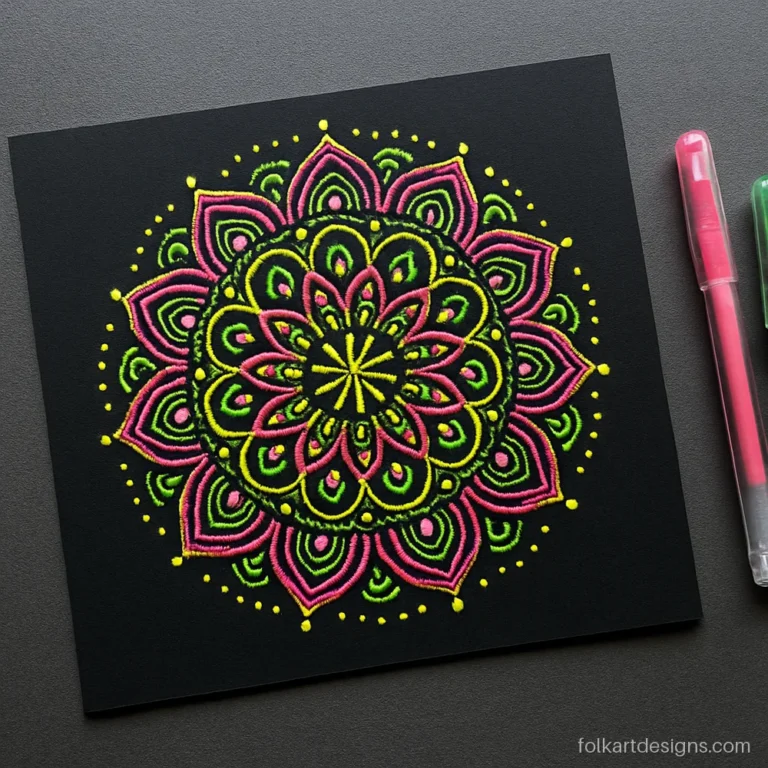 Creative doodle mandala art in neon gel pens on black paper