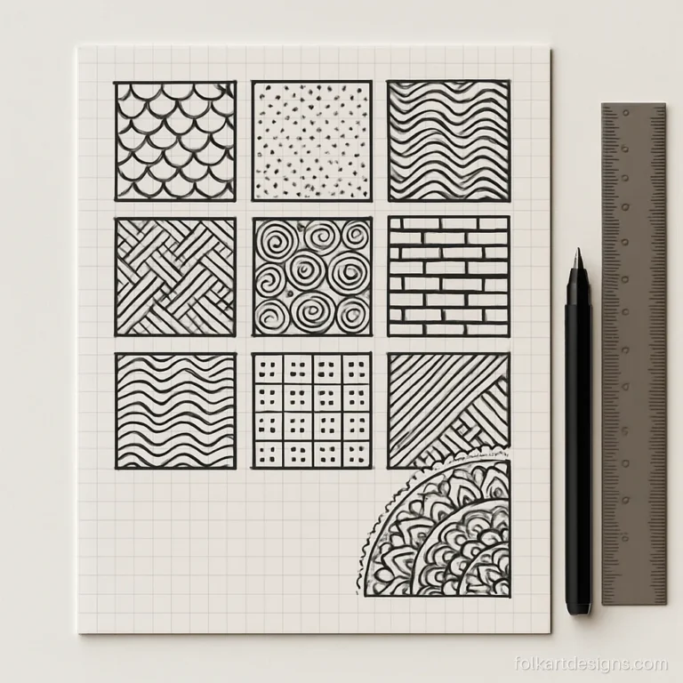 Doodle mandala art filler sampler with twelve small patterns in a grid