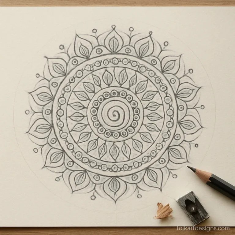 Pencil sketch easy doodle mandala art with loops, leaves and tiny circles