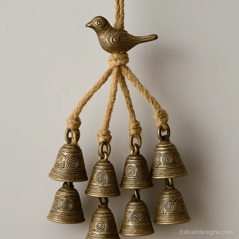 String of small dhokra bells hung as a wind chime on a jute rope