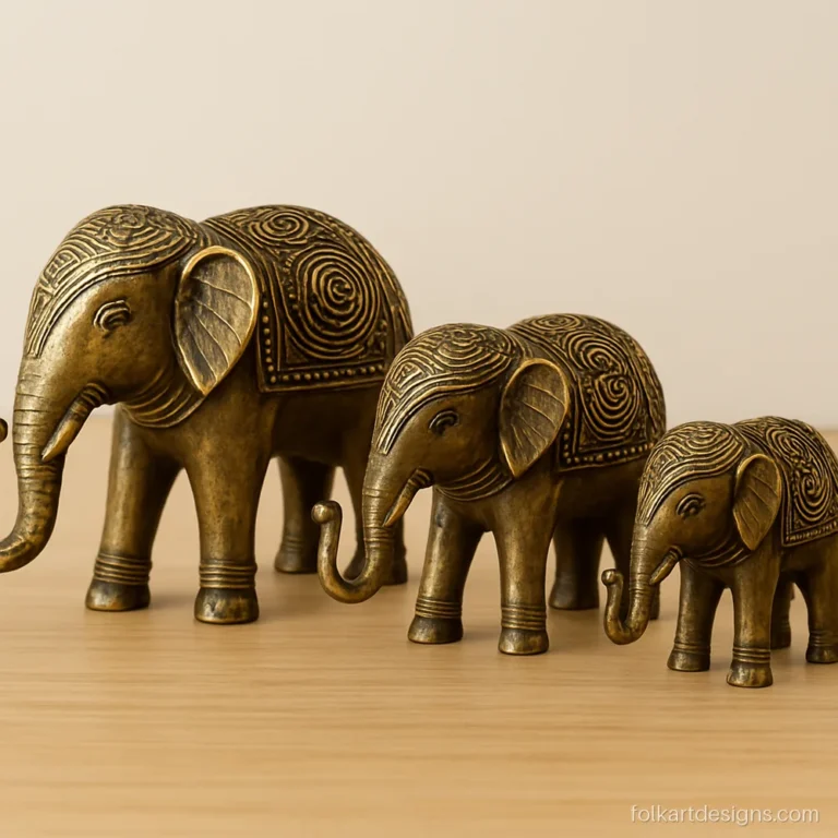 Dhokra elephant family of three in graded sizes on a wooden plank