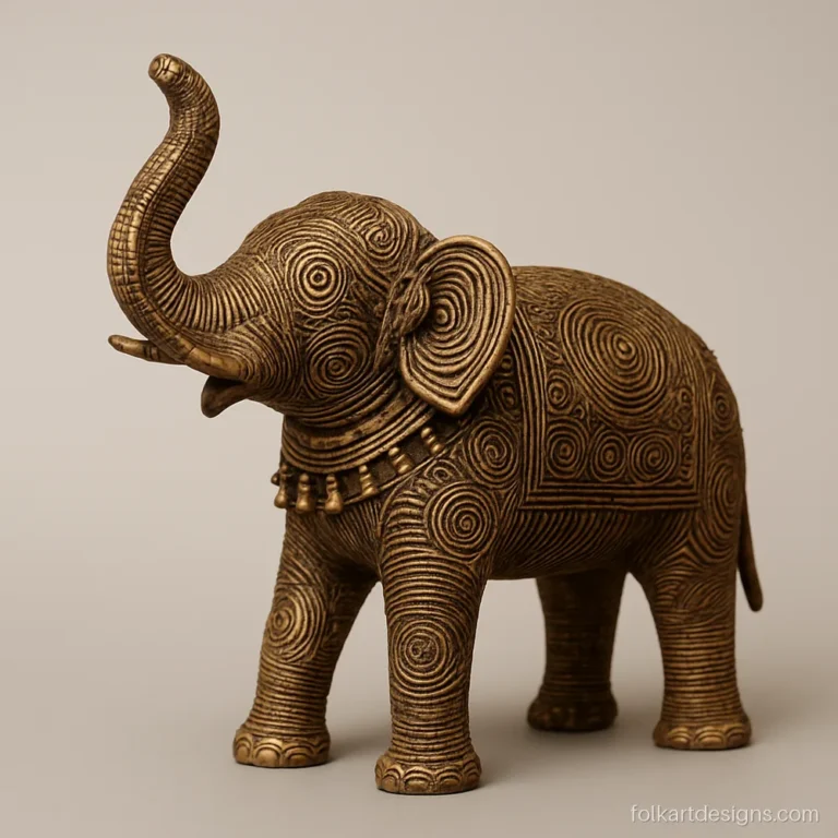 Dhokra art elephant with a raised trunk and fine wire coil patterns in brass