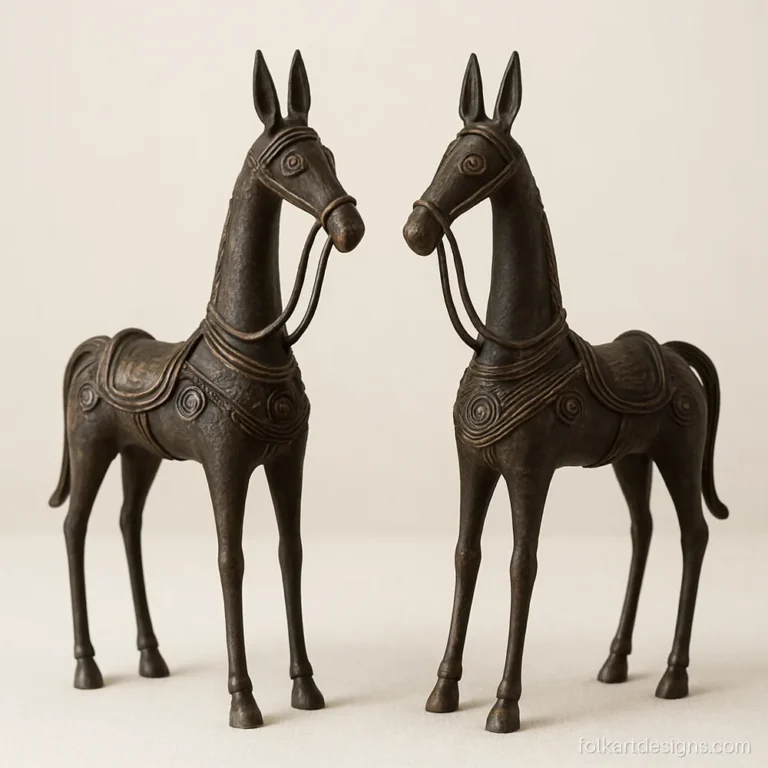 Pair of Bastar dhokra art horses with tall ears and patterned saddles