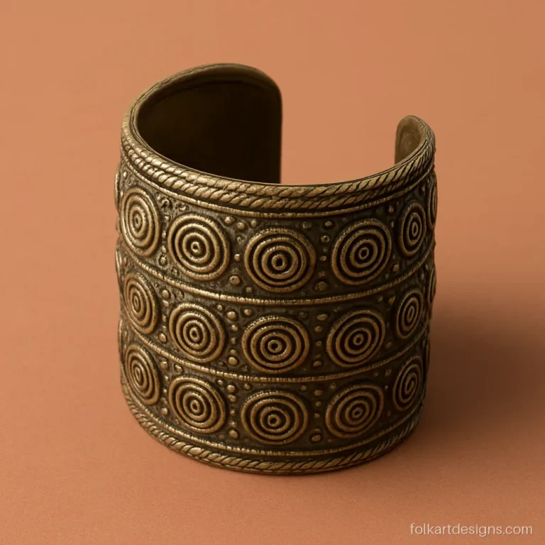 Wide dhokra cuff bangle with spiral and dot patterns in antique brass