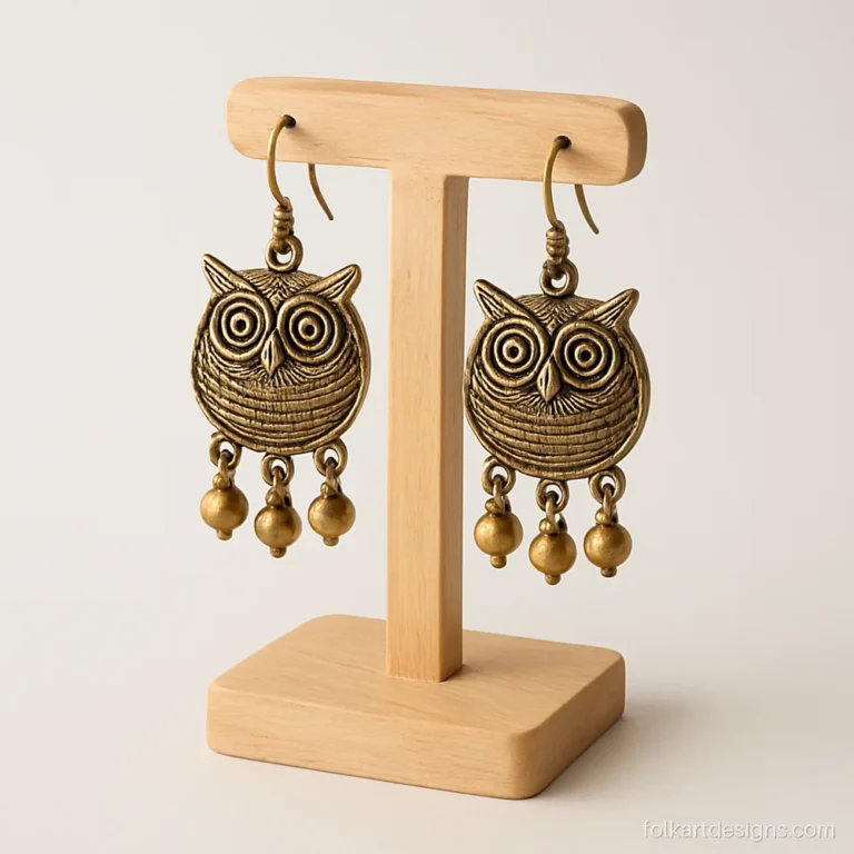 Pair of dhokra owl earrings with tiny bells hanging below
