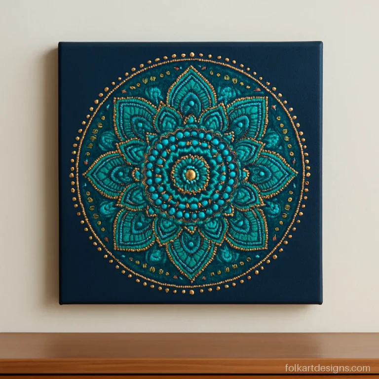 Dot mandala art on a navy canvas with teal and gold dot rings