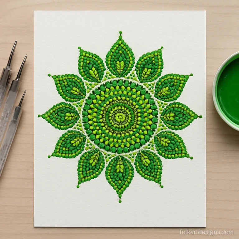 Easy dot mandala art in a green gradient with leaf-shaped dot petals