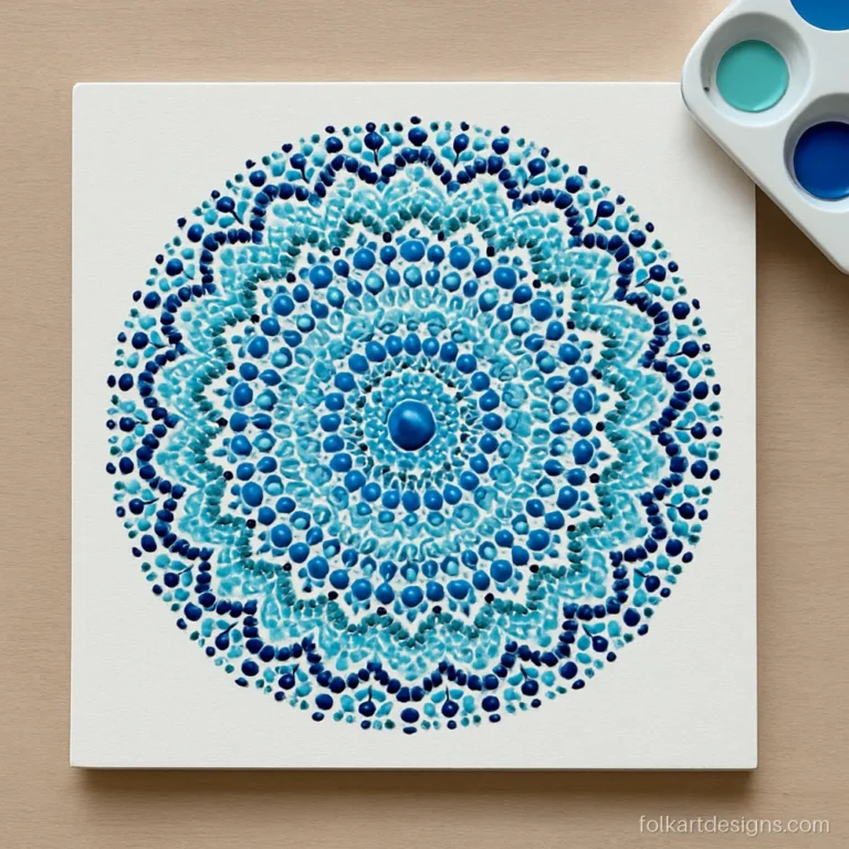 Mandala dot art in an ocean blue gradient on a white board