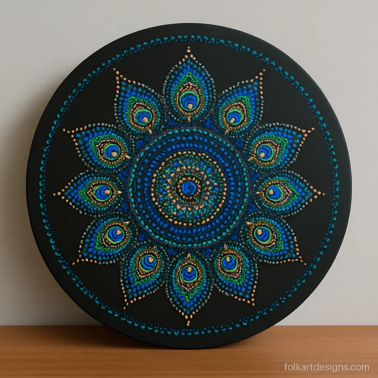 Peacock dot mandala art on MDF board with feather eyes in blue and green