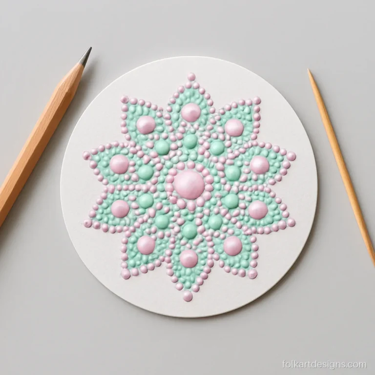 Small dot mandala art on a round card in pastel pink, mint and lilac
