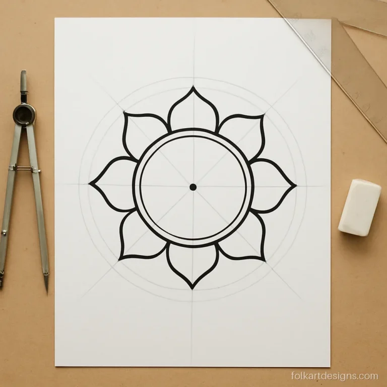 Mandala art for beginners showing eight pencil guide lines and one simple petal ring