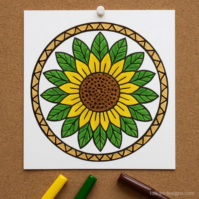 Simple mandala art for beginners with a sunflower centre in yellow and green