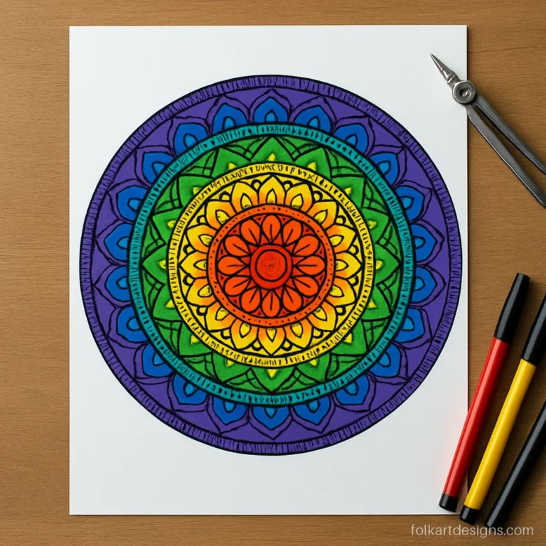 Easy mandala art drawn with a compass, five circles filled in rainbow colours