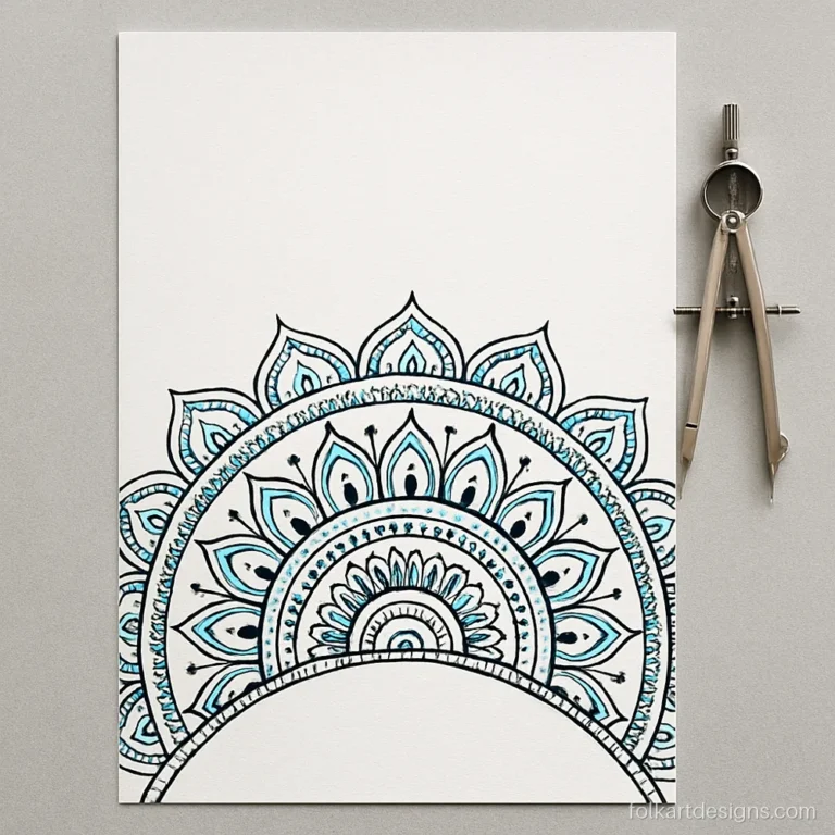 Easy half mandala art drawn with a compass along the bottom of a page