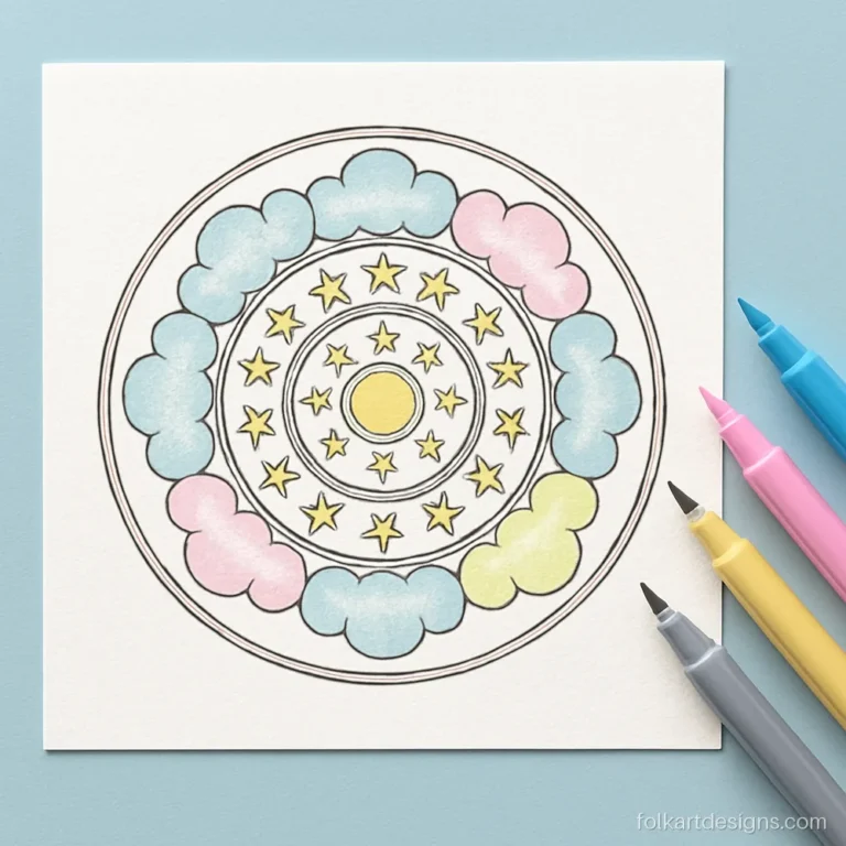 Beginner cute mandala art with a ring of clouds and stars in pastel shades
