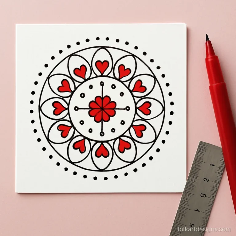 Simple mandala art with four rings of hearts and loops in red and black