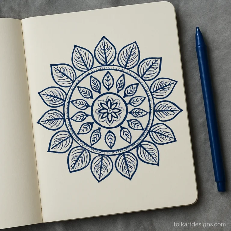 Basic simple mandala art in blue ink with four rings of leaves and teardrops
