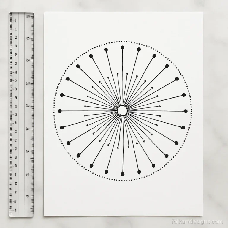 Simple round mandala art made of ruled rays and dots in about 15 minutes